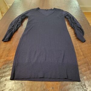 Ann‎ Taylor Sweater Dress Women's Small Navy Knit Ruched Sleeve V Neck Midi